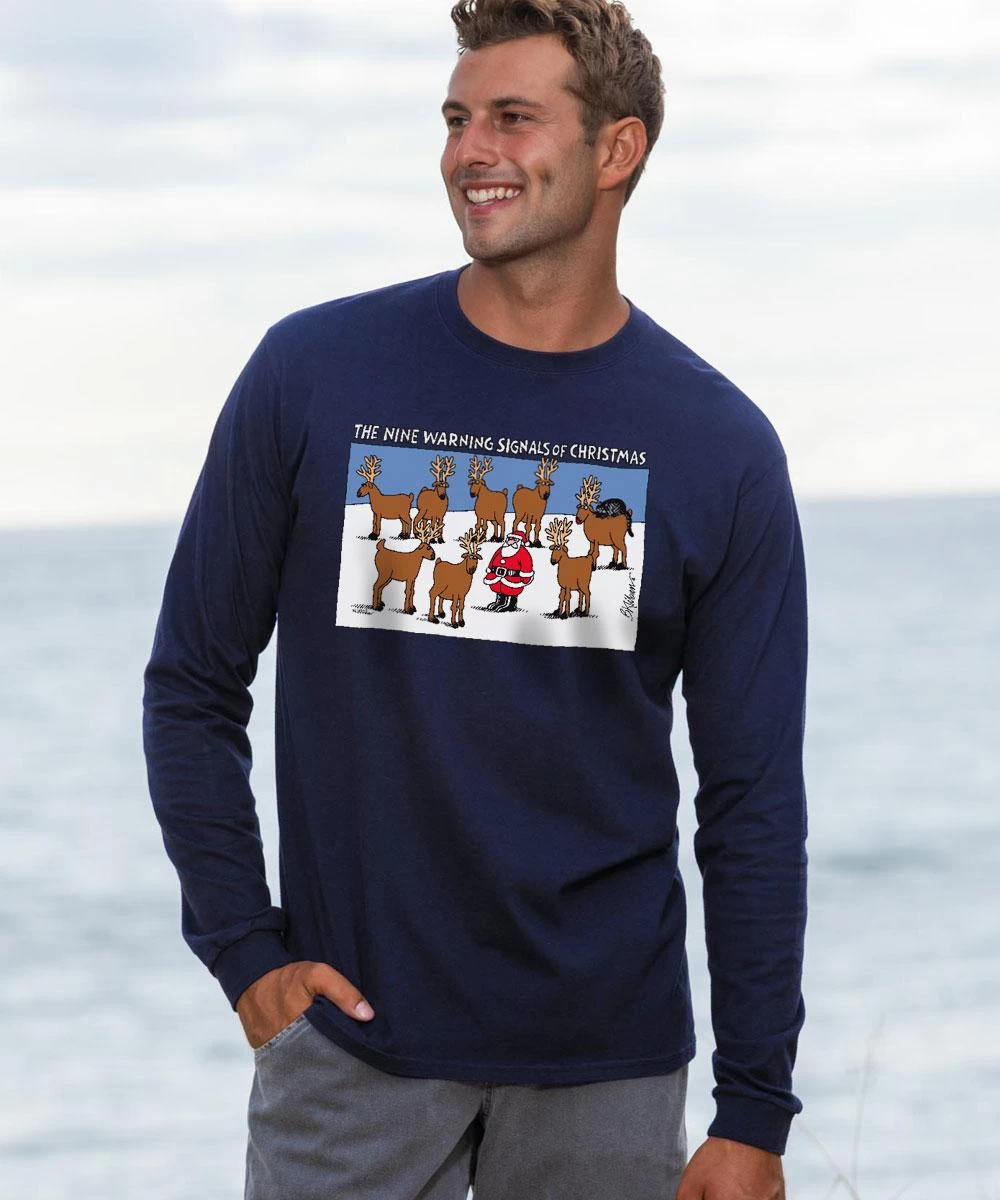 B. Kliban Warning Of Christmas Cat - Navy Long Sleeve Crewneck T-Shirt
