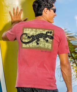 Tribal Petro Gecko - Paradise Red Dyed Short Sleeve Crewneck T-Shirt
