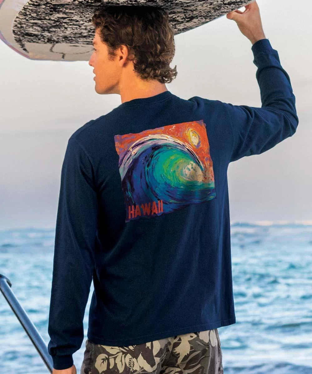 Technicolor Wave - Navy Long Sleeve Crewneck T-Shirt