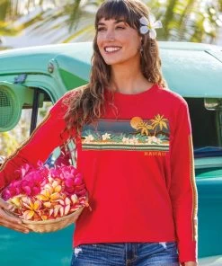 Retro Island Band - Candy Apple Red Dyed Long Sleeve Crewneck T-Shirt