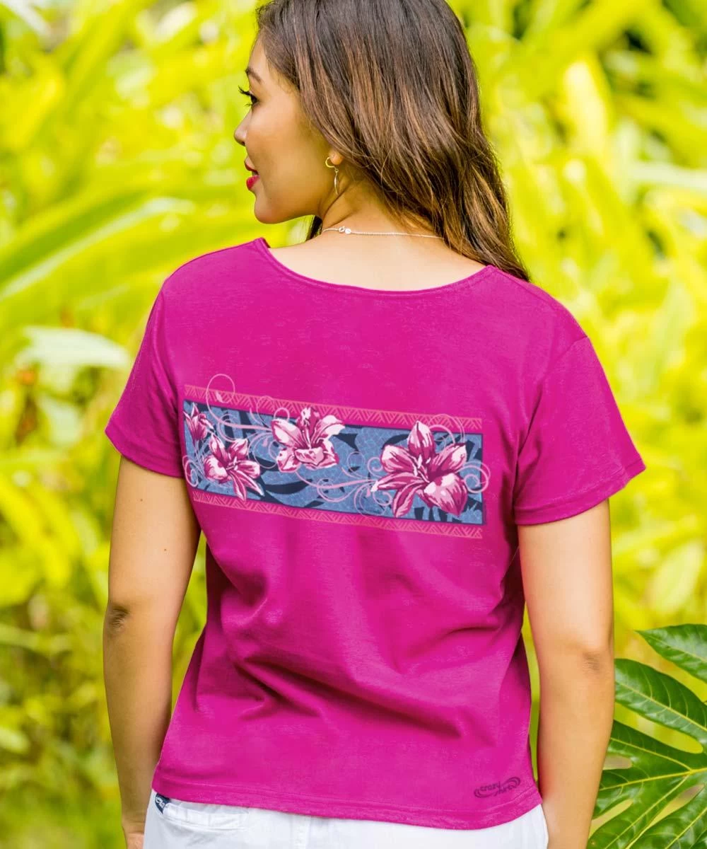 Floral Pua Band - Berry Short Sleeve Scoop Neck T-Shirt - Image 2