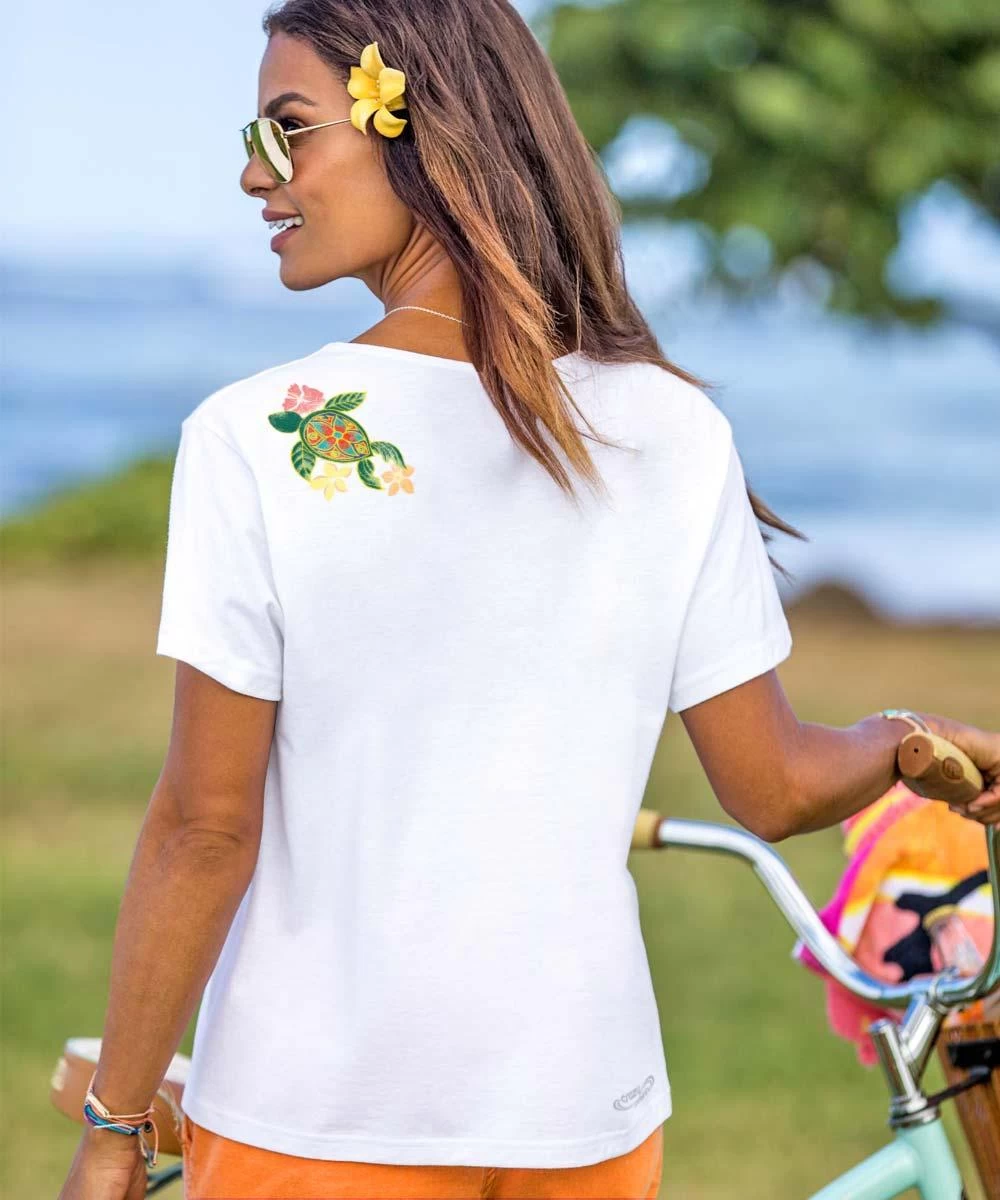 Flower Honu - White Short Sleeve Scoop Neck T-Shirt - Image 2