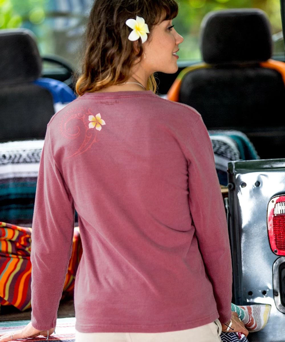 Plumeria Tatau - Paradise Red Dyed Long Sleeve Crewneck T-Shirt - Image 2